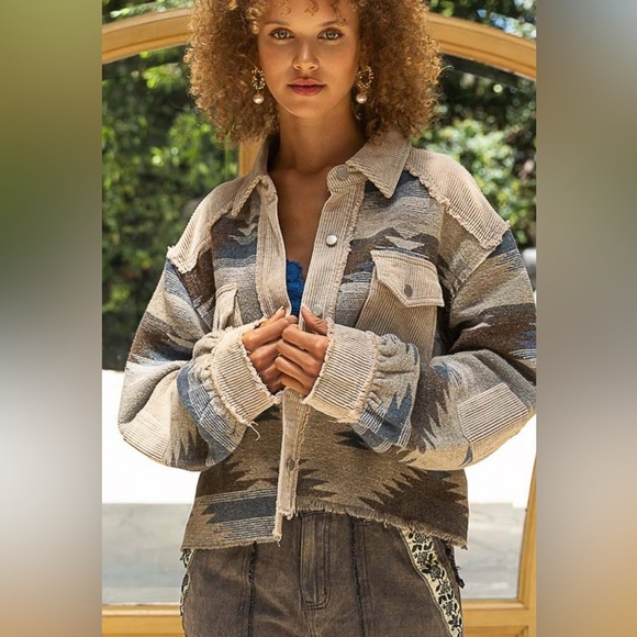 POL women’s southwestern crop corduroy trim Multicolor Patterned Jacket